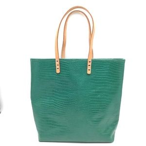 Handmade Tote Bag croc embossed green tan leather large handbag New